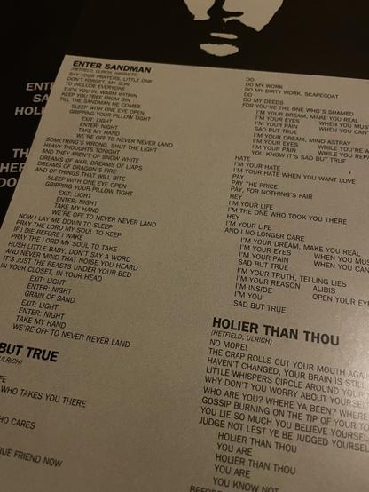 Lyric sheet for Metallica’s eponymous album
