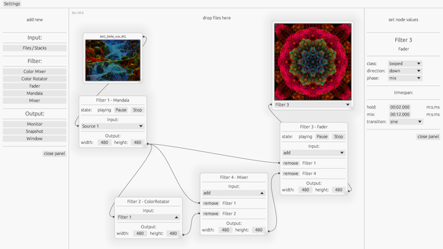Screenshot of a video mixer app. A picture is connected to a mandala node. The mandala node is connected to a color rotator, a mixer and a fader. Ehe result is mixed in a chain to the final result, a colorful mandala, which is shown on a monitor node.