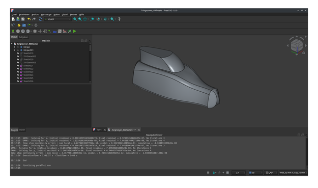 Screenshot von Freecad mit einer gezeichneten Karosserie eines Velomobil