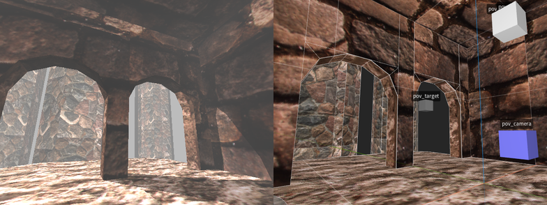 a side-by-side of a POV-Ray render and a TrenchBroom in-editor shot