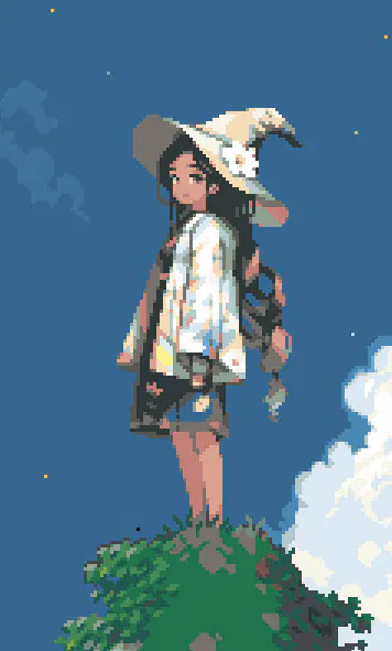 Pixelart of a witch girl in white clothes.