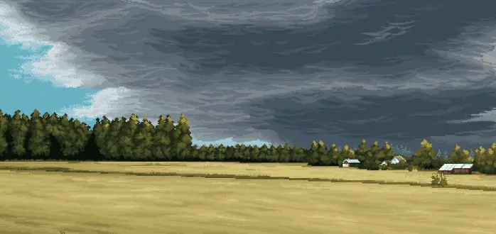Pixelart of a forest and steppe. There're houses on the border of them.