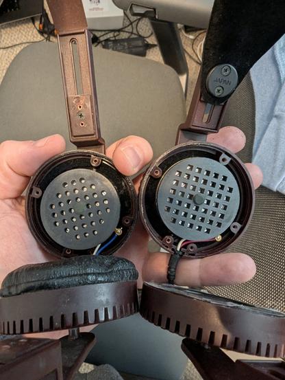 Two pairs of 1970s-1980s Yamaha orthodynamic HP-2 headphones.