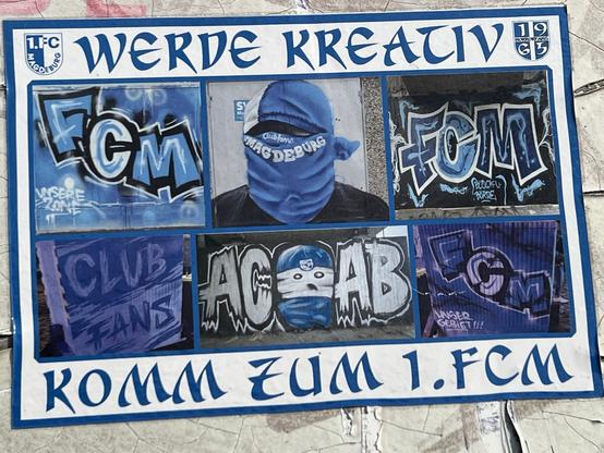 Sticker mit FCM-Graffitis und der Aufschrift "Werde kreativ - Komm zum 1. FCM"
