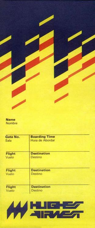 Colorful ticket with boxes for gate number, flight number, boarding time, destination, and name.