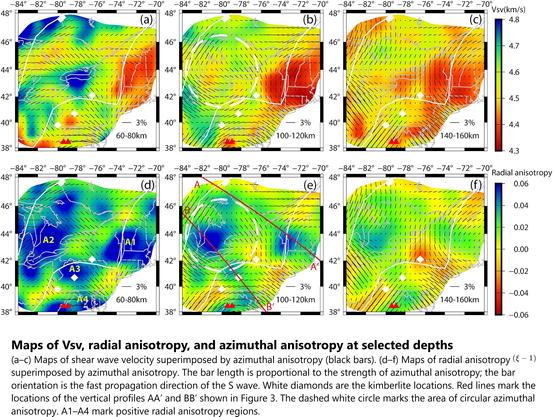 Maps of Vsv, radial anisotropy, and azimuthal anisotropy at selected depths. (a–c) Maps of shear wave velocity superimposed by azimuthal anisotropy (black bars). (d–f) Maps of radial anisotropy superimposed by azimuthal anisotropy. The bar length is proportional to the strength of azimuthal anisotropy; the bar orientation is the fast propagation direction of the S wave. White diamonds are the kimberlite locations. Red lines mark the locations of the vertical profiles AA’ and BB’ shown in Figure 3. The dashed white circle marks the area of circular azimuthal anisotropy. A1–A4 mark positive radial anisotropy regions.