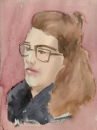Watercolor of a woman with glasses in pale red background
