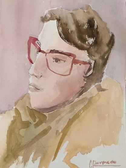 Watercolor of woman with Sort haircut and Pink glasses