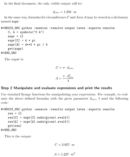 A text page with a explanatory text, mathematical expressions and Gnu Emacs Org-mode code blocks in between.
