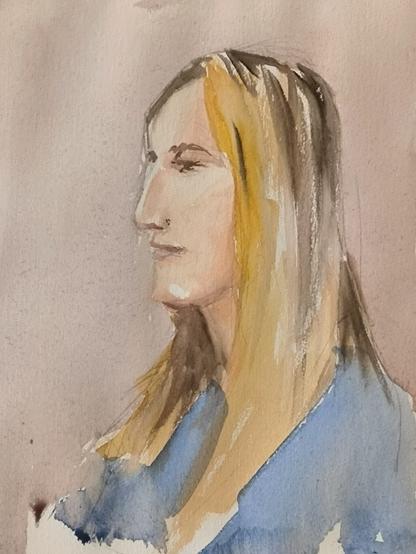 watercolor of a blonde woman seen from the side, she wear a blue short.