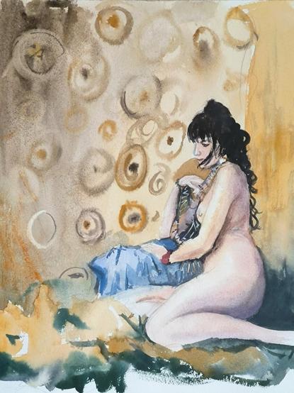 Watercolor in ochre and green colors, a naked woman lying on her side on some fabrics and cushions with geometric symbols in the background