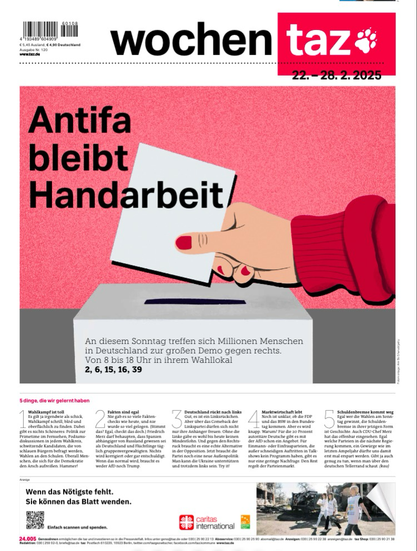 Taz-Titel: „Antifa bleibt Handarbeit“ über einer Hand, die einen Stimmzettel in eine Urne wirft