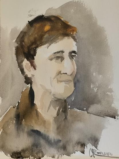 watercolor of an older woman with short hair