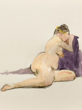 watercolor of a nude woman leaning on a purple object