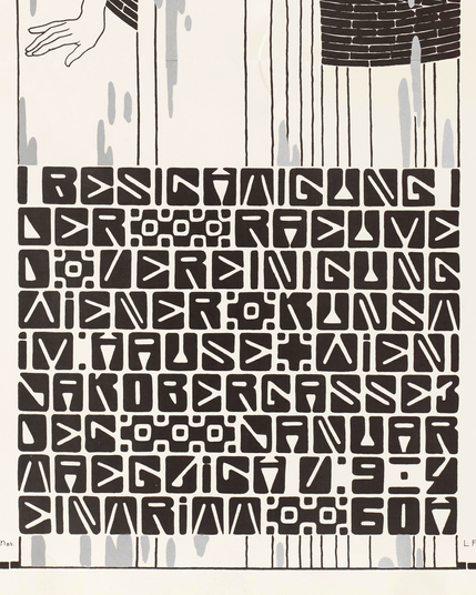 Zoomed detail of the lettering. The text reads: 
Besichtigung 
der Räume 
D[er] Vereinigung 
Wiener Kunst 
im Hause Wien
Jakobergasse 3 
Dec Januar 
Täglich v[on] 9–4 
Eintritt 60 H[eller]

English translation:

Sightseeing
of rooms
T(he) Association 
Viennese Art
in the House. [Title] Vienna [Location]
Jakobergasse 3 [Address]
Dec[emeber] January
Daily F[rom]:9–4 [Date and Time]
Admission 60H [Currency. Heller was a 1/100th subunit of the Austro-Hungarian krone.]
