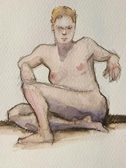 Watercolor of a person sitting on the floor with their elbows resting on
