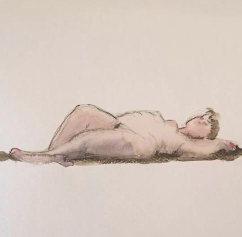 Watercolor of a naked woman laying on the floor