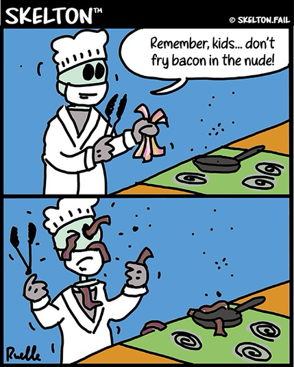 Skelton at his stovetop, wears head to toe PPE to protect himself from bacon splatter, but winds up with bacon in his eyes.