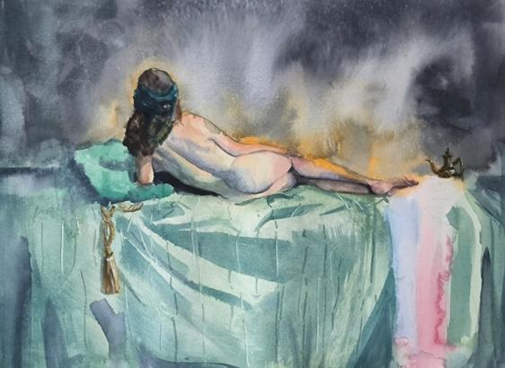 Watercolor of a woman laying on a bed with Satin Green sheets, at the background there is a night Sky that looks likes boreal.