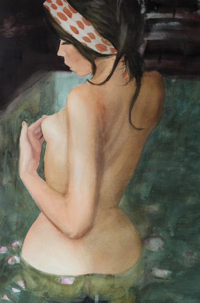 Watercolor of a woman from behind bathing in a bathtub