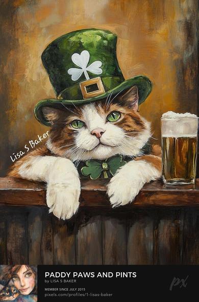An art print of a cat dressed for St Patty's Day, wearing a green top hat with a clover and a pint of beer sitting next to the cat. Art by Lisa S Baker.