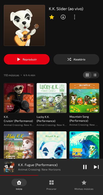 Português:
Tela do app Nintendo Music mostrando a playlist 'K.K. Slider (Ao Vivo)', com capas de álbuns temáticos de Animal Crossing e a música 'K.K. Cruisin'' em destaque e outras.

English:
Screenshot of the Nintendo Music app displaying the 'K.K. Slider (Live)' playlist, featuring themed album covers from Animal Crossing and the song 'K.K. Cruisin'' highlighted and others.