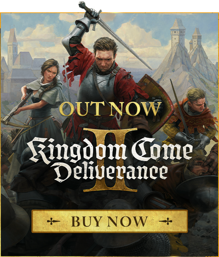 The image shows the Kingdom Come: Deliverance 2 logo. Behind it, the protagonist stands in the midst of a battle, wielding a sword and a shield. Alongside him, his two companions fight their way through enemy soldiers. On the left, a woman with a crossbow, and on the right, a male soldier wielding a two-handed sword. At the bottom is a golden button, with the text "Buy Now".