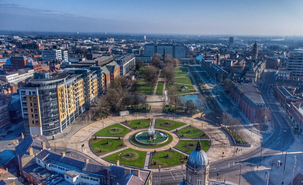 Drone shot of Hull by “Neil79” showing the old docks as Queens gardens and part of the old town with newer BBC building on the left.