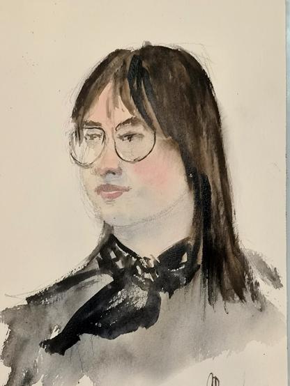 Watercolor of a woman with glasses and a scarf around her neck