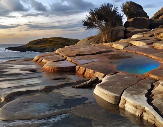 A glowing blue tide pool in a layered iron-tinted coastal rock formation, at the golden hour under a partly cloudy sky.