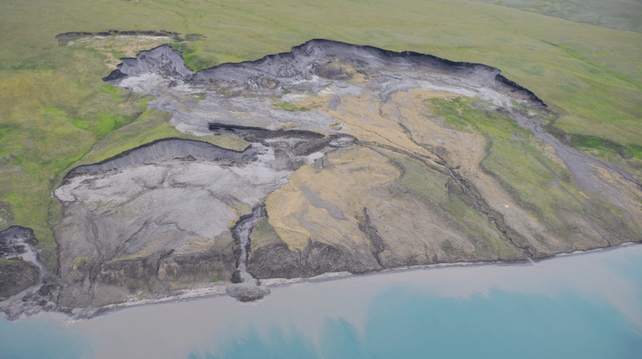 Aerial view of a slump on Herschel Island in the Canadian Yukon.