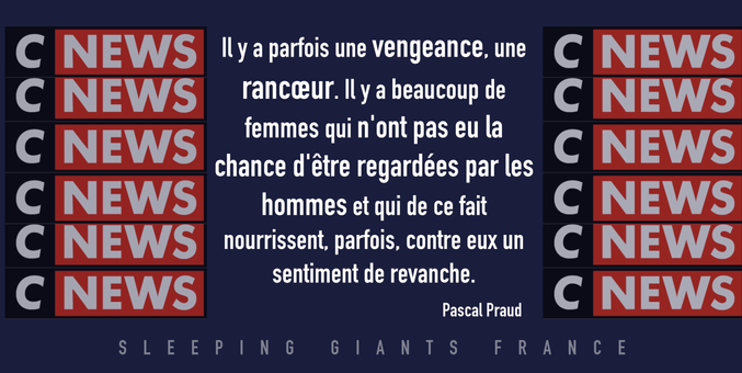 Citation Pascal Praud sur Cnews : Il y a parfois une vengeance, une rancœur. Il y a beaucoup de femmes qui n'ont pas eu la chance d'être regardées par les hommes et qui de ce fait nourrissent, parfois, contre eux un sentiment de revanche.