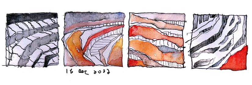 4 panels, grey ink drawings colored with gouache. Mostly grey and shades of orange. Street scenes from a poor country.