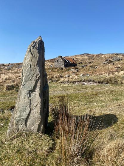 A photo of a standing stone in the foreground and a ruined cottage in the background, up a tussocky mountaintop.