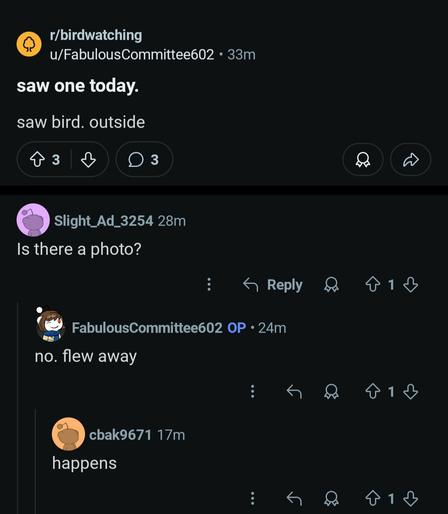 r/birdwatching
u/FabulousCommittee602 • 33m
saw one today.
saw bird. outside

Slight_Ad_3254 28m
Is there a photo?

FabulousCommittee602 OP • 24m
no. flew away

cbak9671 17m
happens