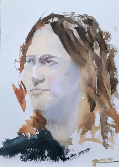 Watercolor of a curly haired woman