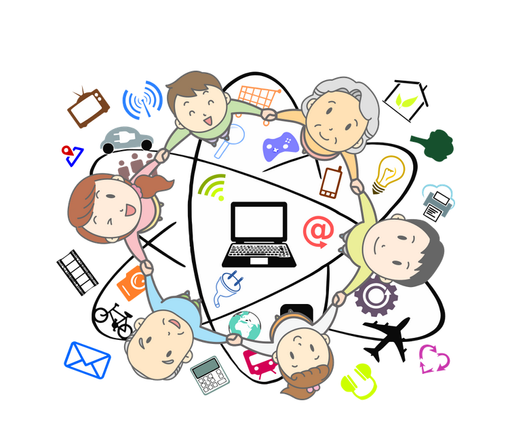 Logo d'InterGen, représentant des personnages dans un style naïf, se tenant la main en cercle et traversés par le dessin d'un modèle de représentation de l'atome. Au milieu virevolte des ordinateurs, smartphones, emails, etc.