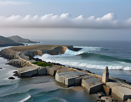 Seawall constructed from large geometric blocks of basalt augmented by sand, holding back crashing waves, protecting a calm lagoon, along a dramatic coastline under a soft blue sky.