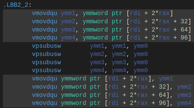 some x86 assembly code, representing a vectorized saturating subtraction. The asm code is

.LBB2_2:
        vmovdqu ymm1, ymmword ptr [rdi + 2*rax]
        vmovdqu ymm2, ymmword ptr [rdi + 2*rax + 32]
        vmovdqu ymm3, ymmword ptr [rdi + 2*rax + 64]
        vmovdqu ymm4, ymmword ptr [rdi + 2*rax + 96]
        vpsubusw        ymm1, ymm1, ymm0
        vpsubusw        ymm2, ymm2, ymm0
        vpsubusw        ymm3, ymm3, ymm0
        vpsubusw        ymm4, ymm4, ymm0
        vmovdqu ymmword ptr [rdi + 2*rax], ymm1
        vmovdqu ymmword ptr [rdi + 2*rax + 32], ymm2
        vmovdqu ymmword ptr [rdi + 2*rax + 64], ymm3
        vmovdqu ymmword ptr [rdi + 2*rax + 96], ymm4