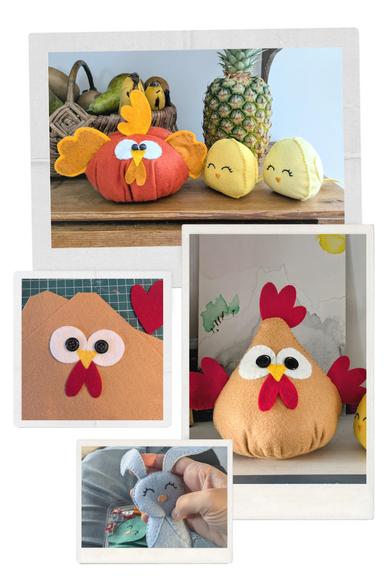 Créations en feutrine de laine par l'Atelier Jocha : poules, poussins et lapin.