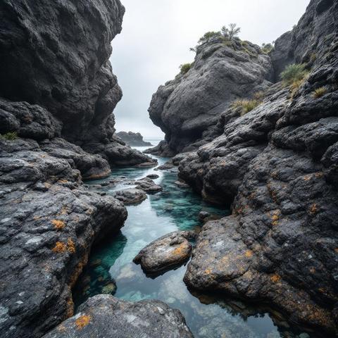 Dramatic rock formations frame a narrow channel of seafoam green water, revealing millions of years of geological history in one captivating scene.