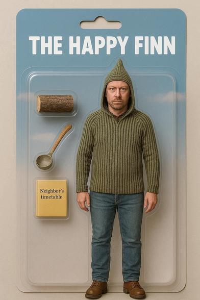 The happy finn action doll figure with a very serious face has some personal items like sauna scoop, a piece of wood and neighbors's schedule (if introverts don't want to see their neighbors it's better to know their schedule)