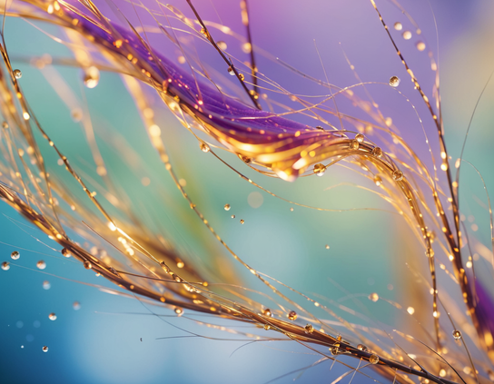 Golden and purple fiber strands with glistening water droplets, suspended in motion against a pastel bokeh background in blue, teal, and lavender tones. Macrophotography style.