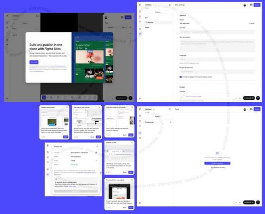 Screenshots of a Beta Figma Sites, with a very similar interface to Framer or Webflow. Welcome screen says “Build and publish in one place with Figma Sites”
