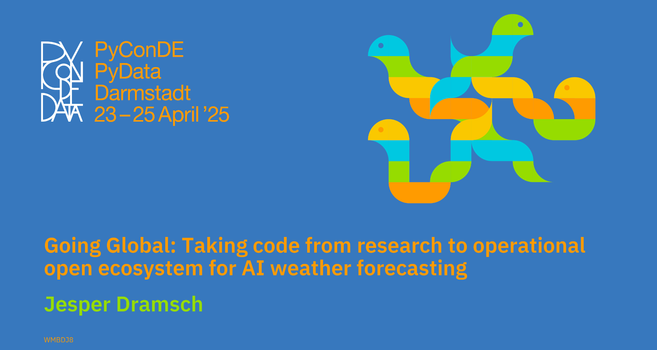 Image for Jesper's #Python talk at the conference PyCon Germany in Darmstadt about "taking code from research to operational open ecosystem for AI weather forecasting". It also has some cute stylised snakes in the top right.