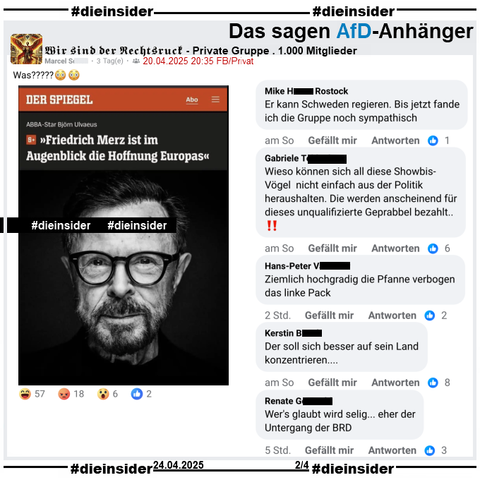 In der 1.000 Mitglieder großen privaten Gruppe "Wir sind der Rechtsruck" wird ein Spiegel Bericht mit "ABBA-Star Björn Ulvaeus: Friedrich Merz ist im Augenblick die Hoffnung Europas" geteilt.

Wir zeigen auf Slide 2 u.a. die Kommentare 
"Er kann Schweden regieren. Bis jetzt fande ich die Gruppe noch sympathisch.", "Wieso können sich all diese Showbis-Vögel nicht einfach aus der Politik heraushalten. Die werden anscheinend für dieses unqualifizierte Geprabbel bezahlt..!", "Ziemlich hochgradig die Pfanne verbogen das linke Pack.", "Der soll sich besser auf sein Land konzentrieren..." und "Wer's glaubt wird selig... eher der Untergang der BRD."