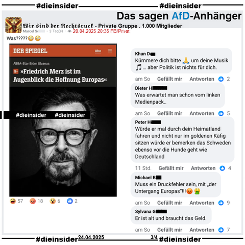 In der 1.000 Mitglieder großen privaten Gruppe "Wir sind der Rechtsruck" wird ein Spiegel Bericht mit "ABBA-Star Björn Ulvaeus: Friedrich Merz ist im Augenblick die Hoffnung Europas" geteilt.

Wir zeigen auf Slide 3 u.a. die Kommentare 
"Kümmere dich bitte um deine Musik… aber Politik ist nichts für dich.", "Was erwartet man schon vom linken Medienpack..", "Würde er mal durch dein Heimatland fahren und nicht nur im goldenen Käfig sitzen würde er bemerken das Schweden ebenso vor die Hunde geht wie Deutschland.", "Muss ein Druckfehler sein, mit der Untergang Europas!" und "Er ist alt und braucht das Geld."