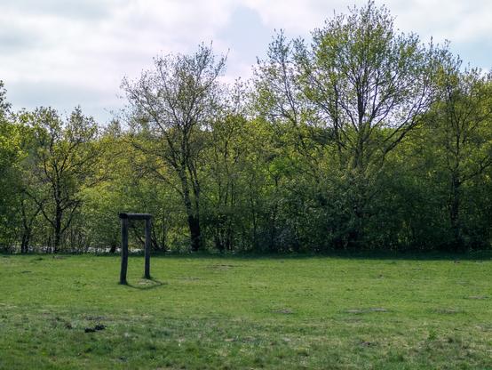 A grassy field with trees and a wooden goal in Huizen, Netherlands.