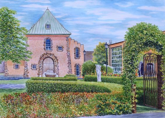 Peju Winery in Napa Valley painted in watercolor. Pink, peach building with garden, iron gate entrance.