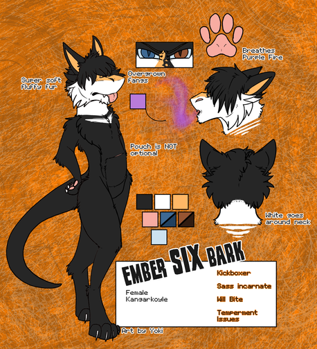 Kangaroo, Dragon, Canine hybrid of dark gray to ashen color fur with white muzzle, cheeks and neck and a V on chest.  Half nose bridge in orange and inner ears. Has Heterochromia Blue and brown.   Ref sheet.